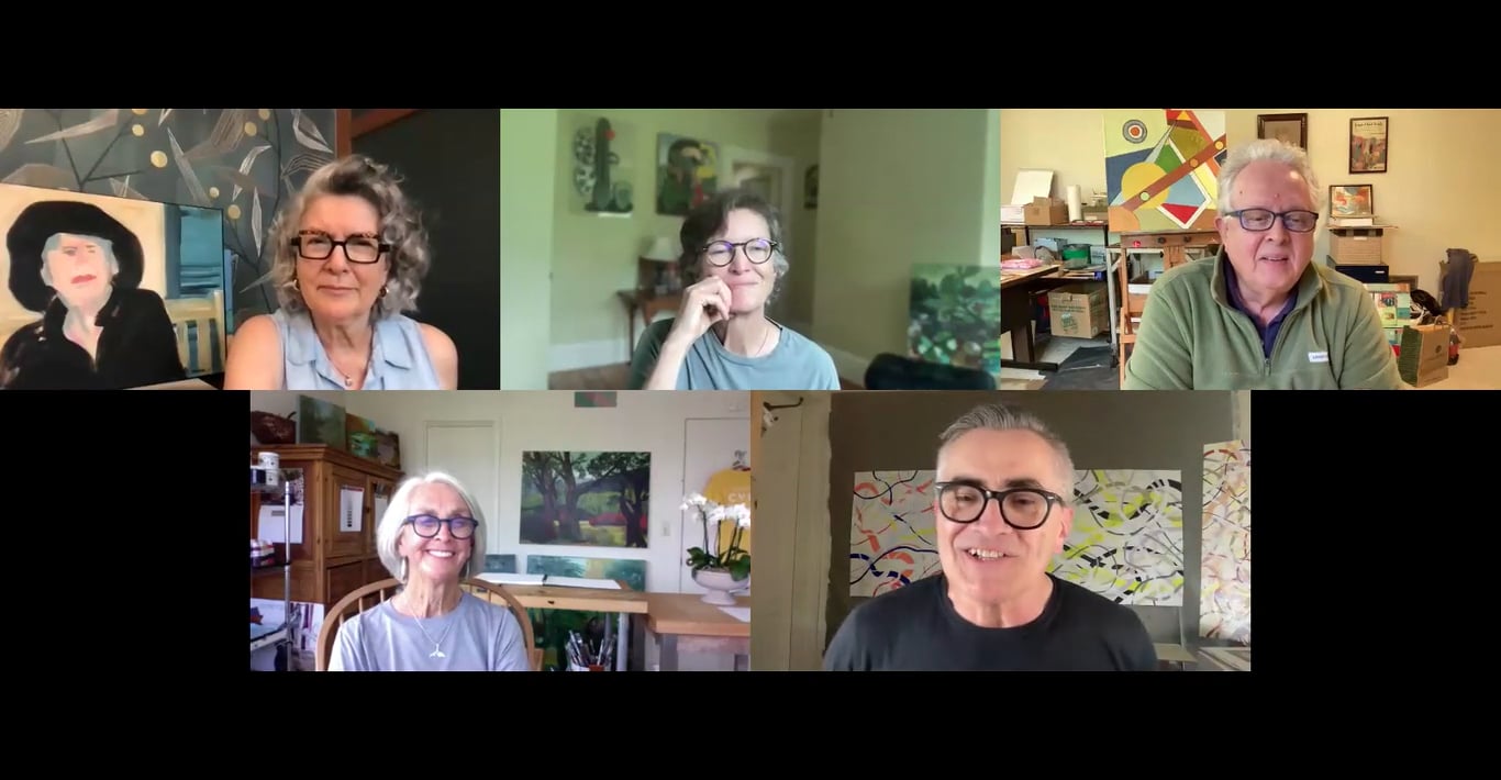 Six-person video conference grid with participants in separate rooms, smiling and chatting on a virtual call over webcams.