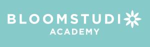 BloomStudio Academy logo on teal background with white text and a white flower icon on the right.